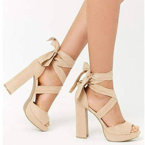 Forever 21 Women's Natural Faux Suede Wrap Around Lace-Up Platform Heels Size 10